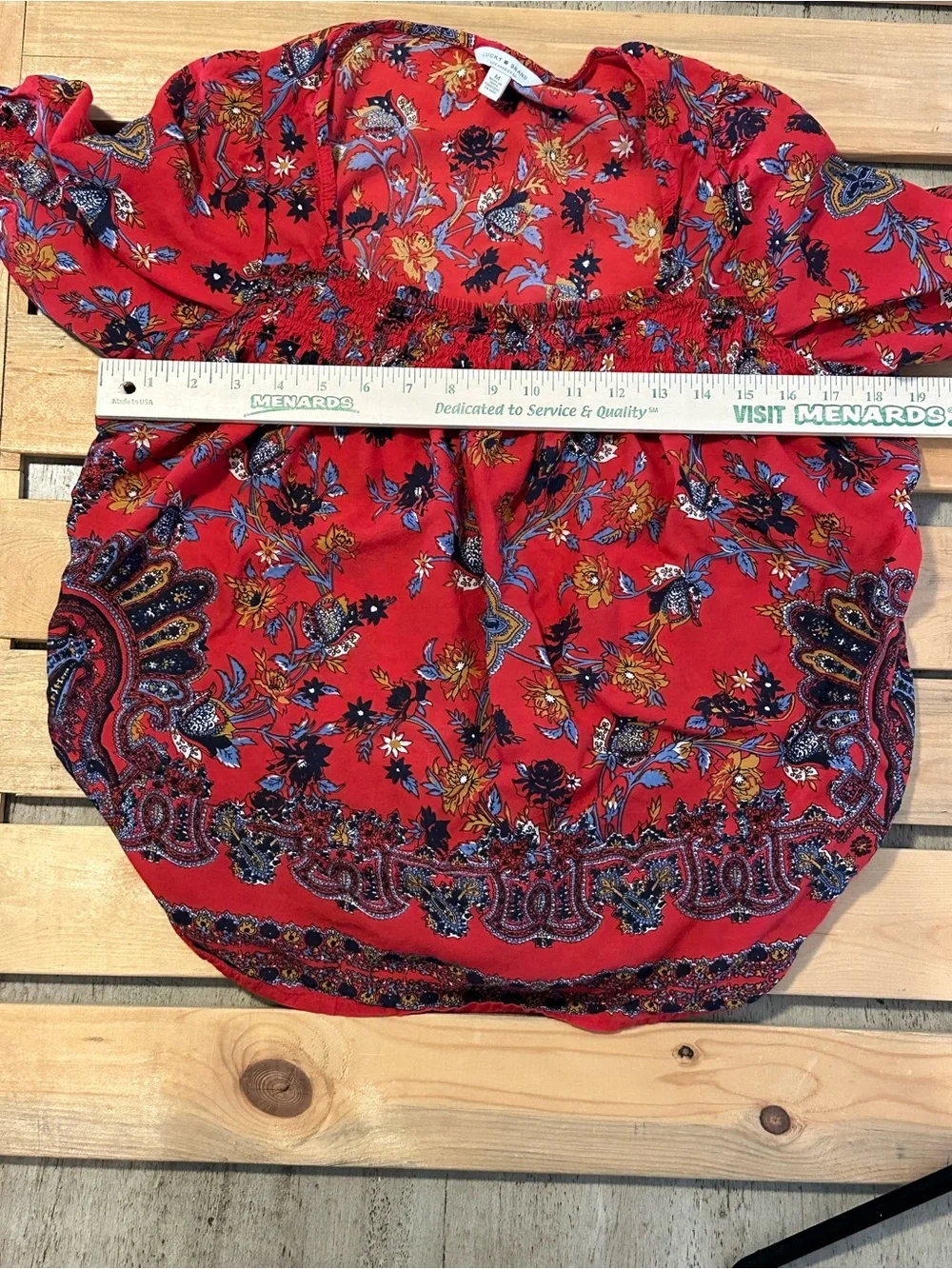 Lucky Brand Medium Red Floral Boho Peasant Babydoll Blouse Square Neck Top - Picture 5 of 6